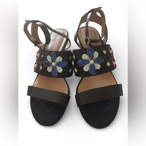 Tory Burch Black Sandals with Blue Floral Accents